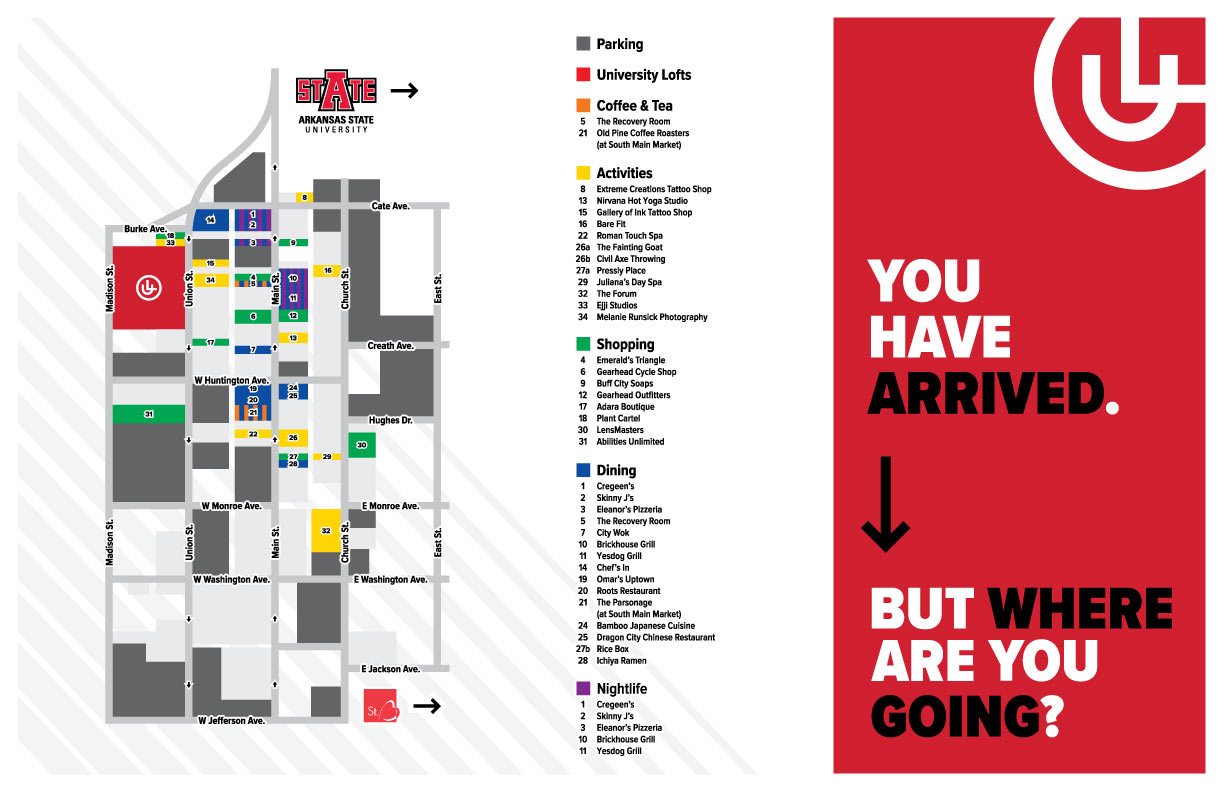 University Lofts way-finding tri-fold outside