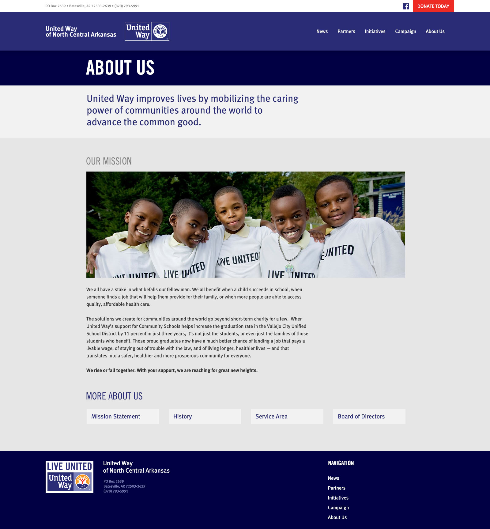 United Way of North Central Arkansas website, About Us interior page